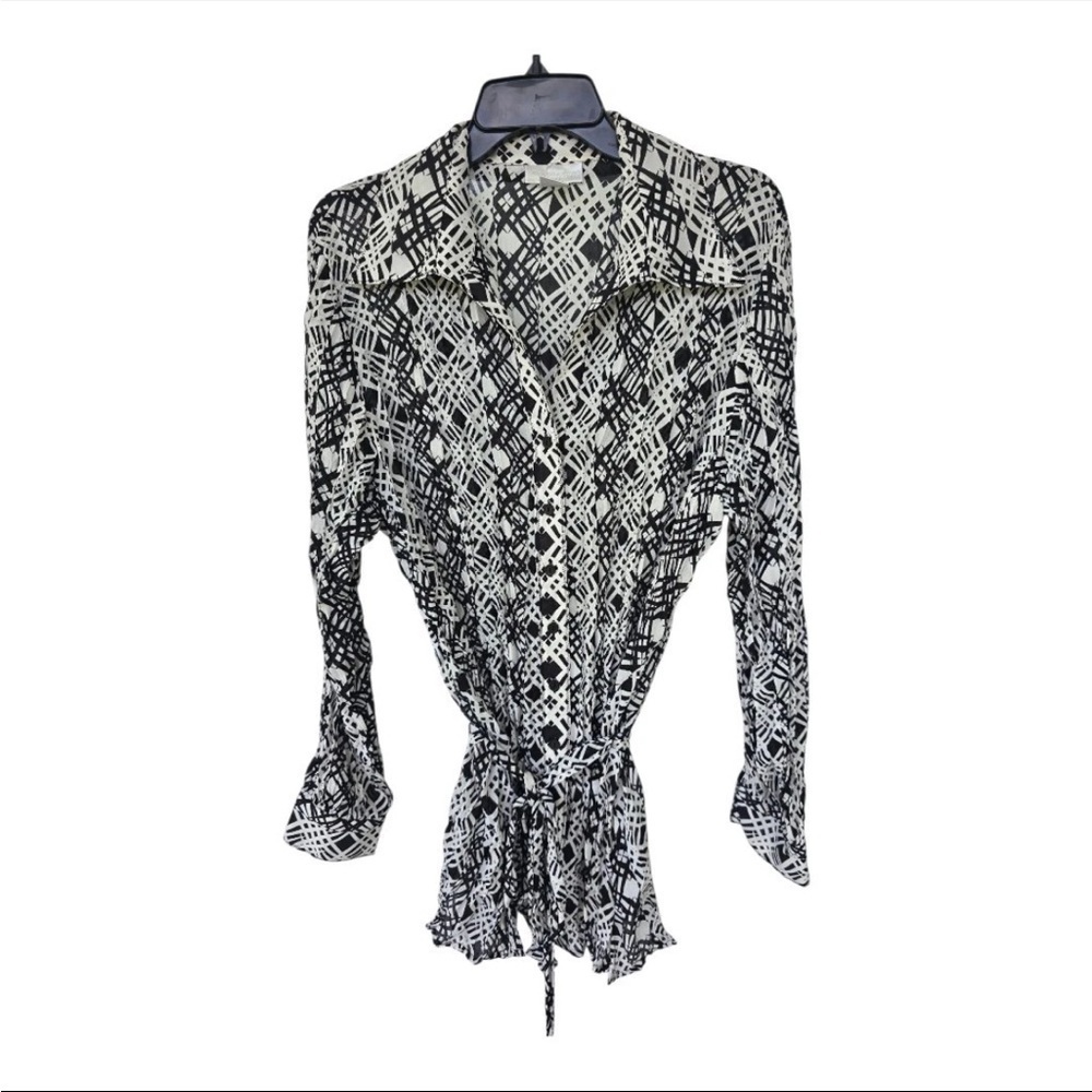 Worthington Woman 1X Black White Geometric Tie Waist Blouse Plus Size 3/4 Sleeve